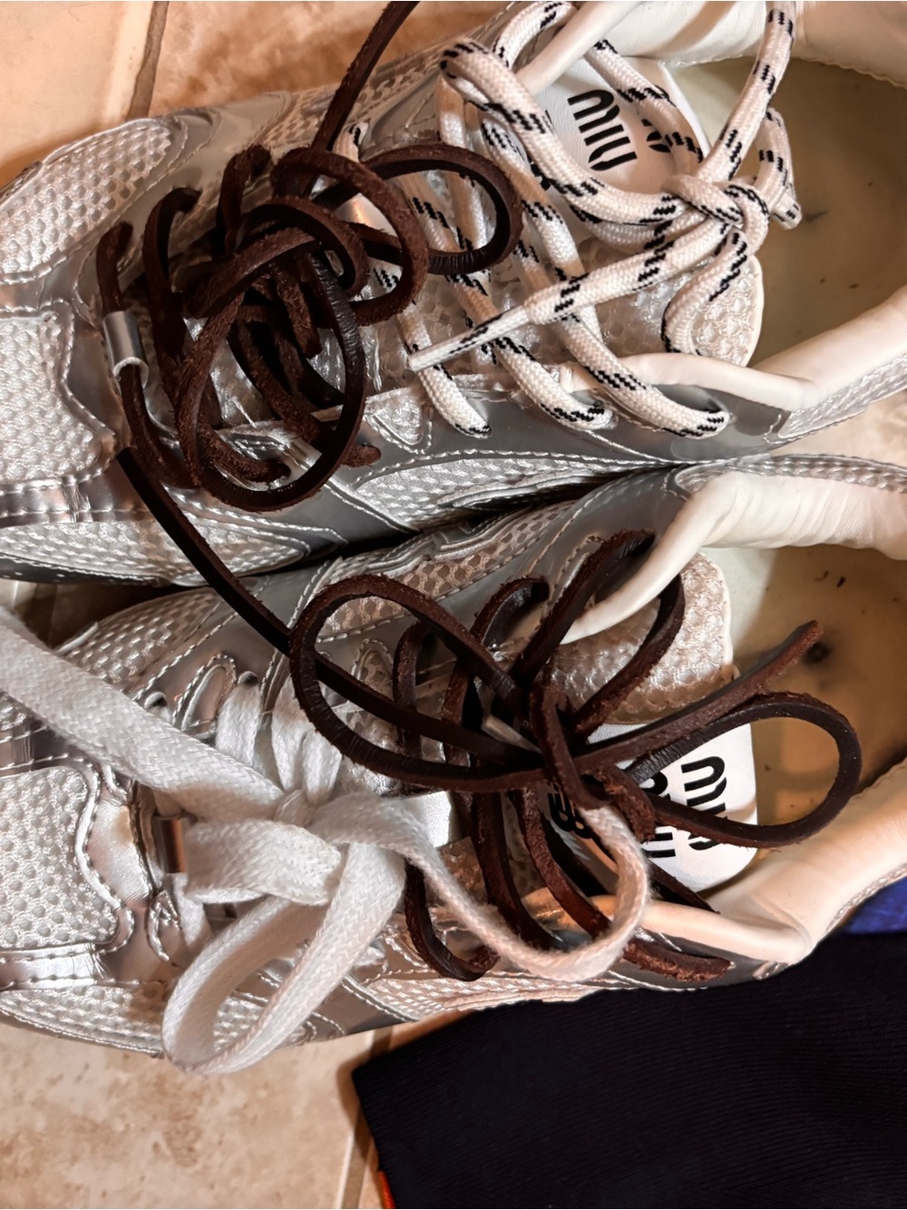Silver Mesh & Leather Women’s Sneaker - White/Silver
